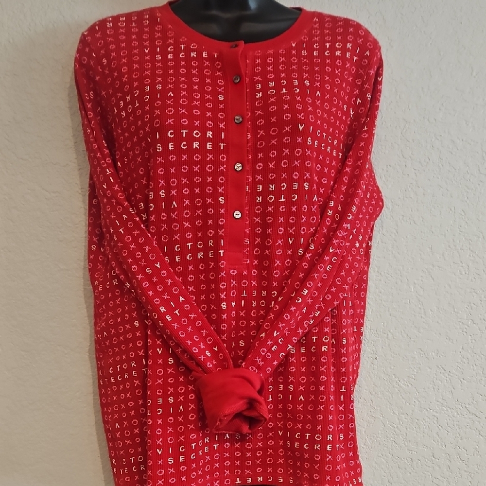 Victoria's Secret Women's Red Pink Waffle Knit XOXO Loungewear Pajama Top Sz L